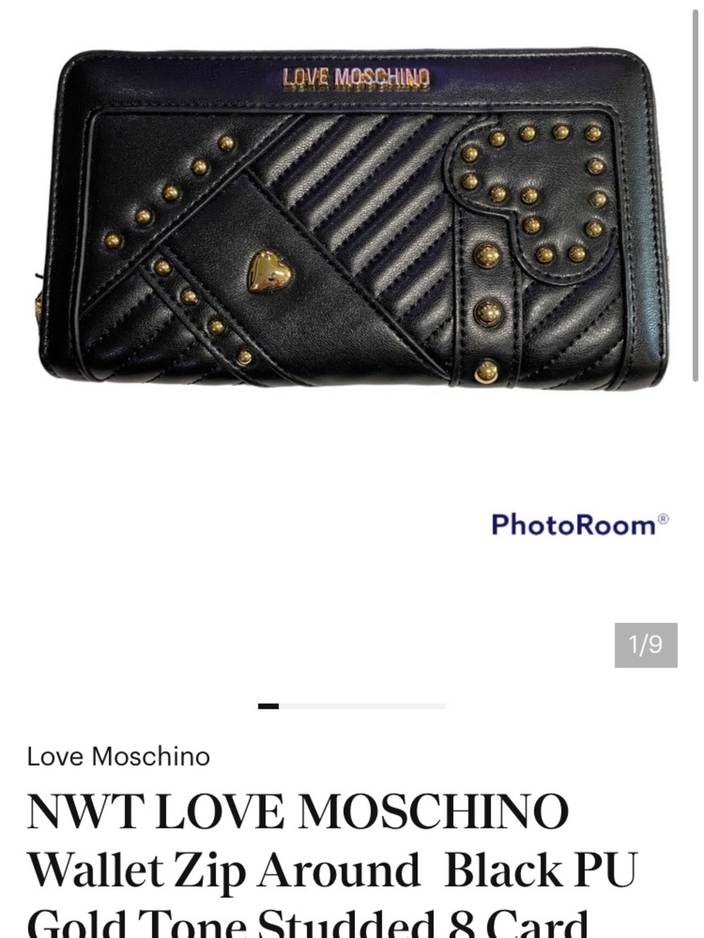 New LOVE MOSCHINO Wallet Zip Around  Black PU Gold Tone Studded 8 Card Slots